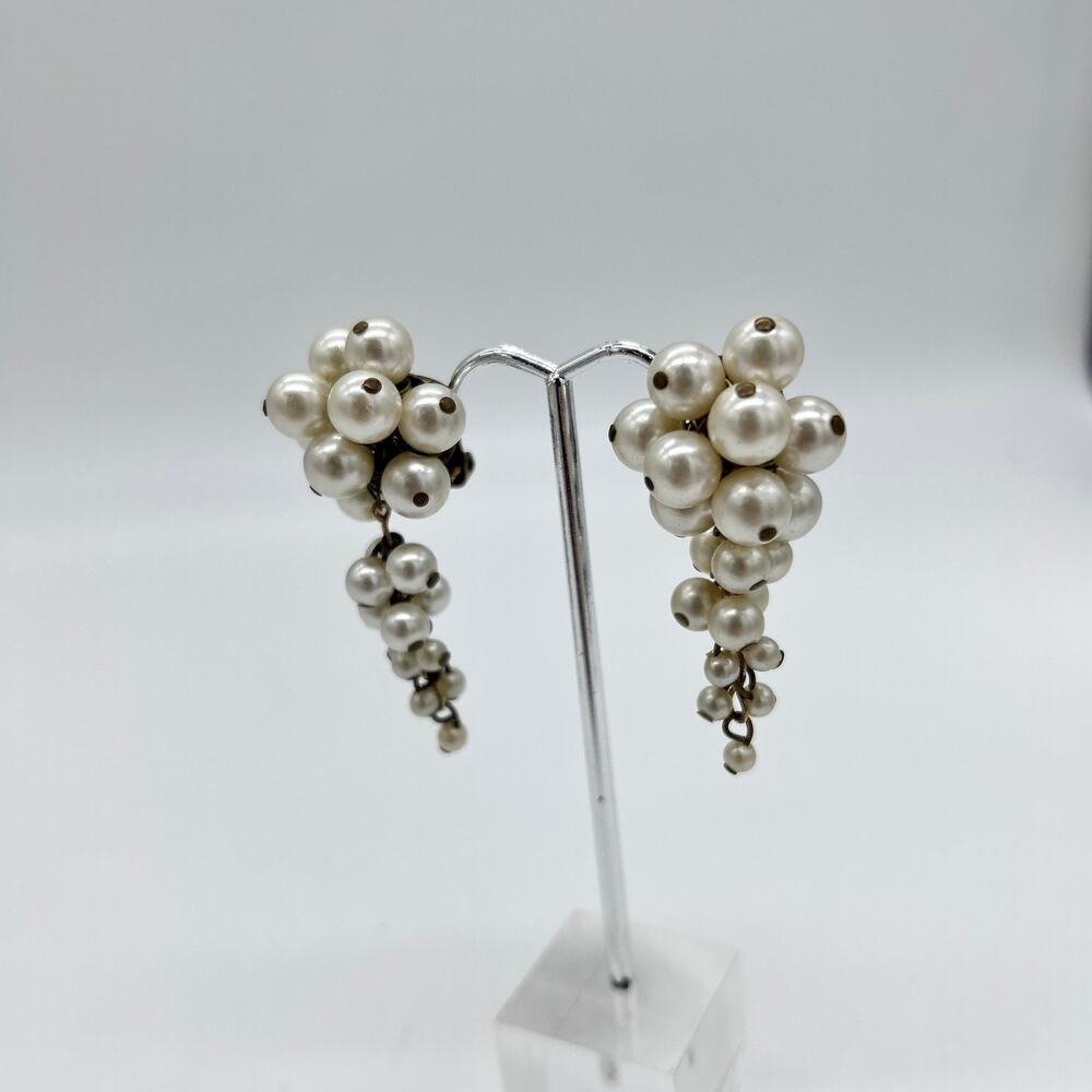 Vintage Faux Pearl Clip On Earrings Bead Cluster Large Dangle MCM Waterfall